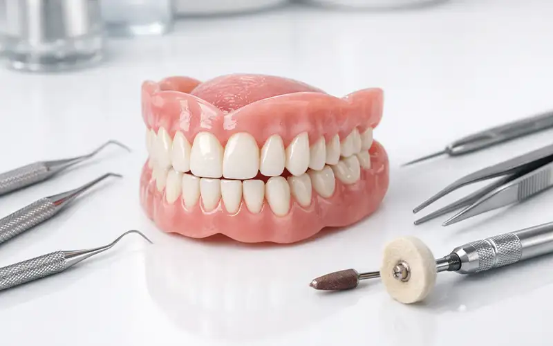 Image of false teeth and tools for denture repairs