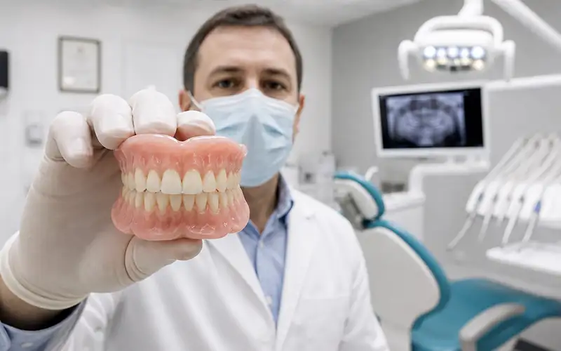 A Dentist holding some dentures ready for a denture repair