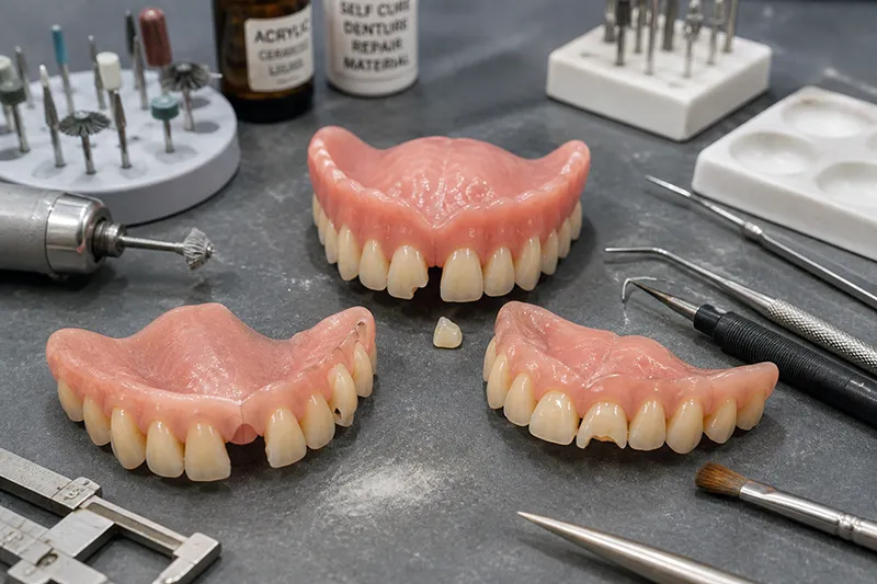 Image of false teeth and tools for denture repairs